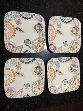 Home American Simplicity ZINNIA Floral Stoneware Square Dinner Plates 11.5 Set 4